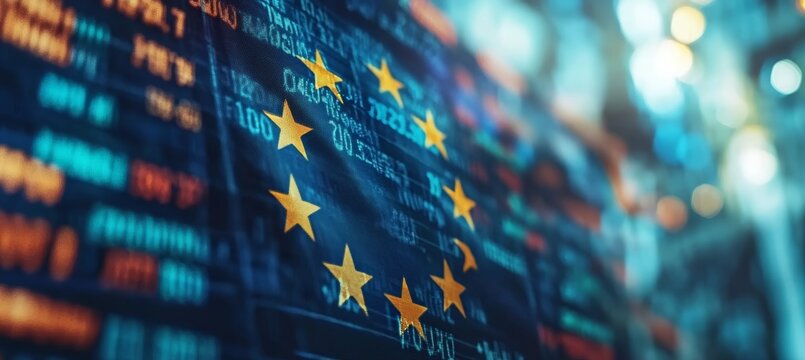 European Union Flag Over Financial Data, Symbolizing EU Economy, Markets, And Trading.