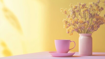 Pastel Pink Teacup Flowers Vase Yellow Background