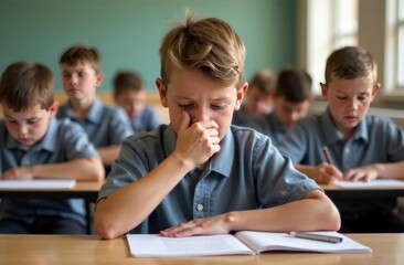 Asian schoolboy feeling discomfort in throat catching cold or having seasonal allergy touching neck and painful expression standing displeased over yellow background