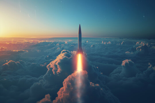 A rocket is flying through the sky with a bright orange trail behind it