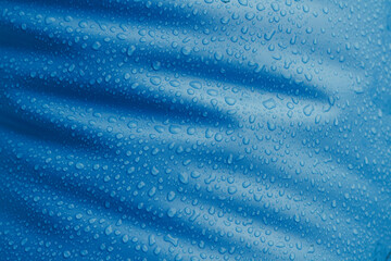 Water droplets on top a textured blue surface.