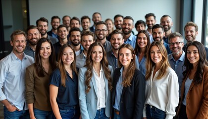 Large group of happy mature adults stand together inside studio. Smile, look directly at camera. People wear business casual clothing. Group diverse with various ethnicities, genders. Positive,