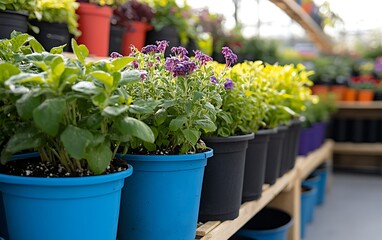 Colorful potted plants arranged on wooden shelves in a garden center.
