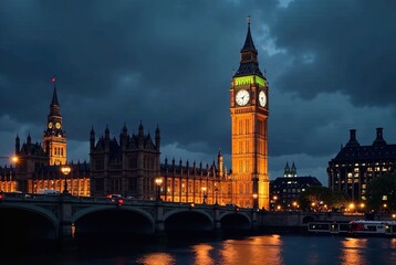 Fototapeta premium Big Ben Tower, London Skyline, Architectural Photography, Night View, Majestic Landmark, 5 Additional Elements, Depth, Mood, Vibe, Lighting, Atmosphere, Style, Quality, AI Art