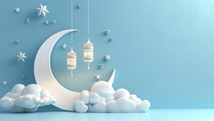 Serene Ramadan scene with crescent moon, stars, and hanging lanterns.  A peaceful and dreamy atmosphere.