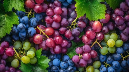 Fototapeta premium A closeup view of a variety of grapes including red blue and green with green leaves
