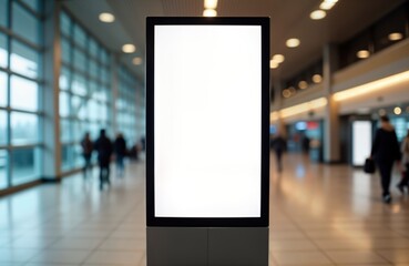 Airport interior mockup billboard. Blank white advertising display in modern airport corridor. People walking in background. Mockup for business advertising. Blank poster for poster design. Empty