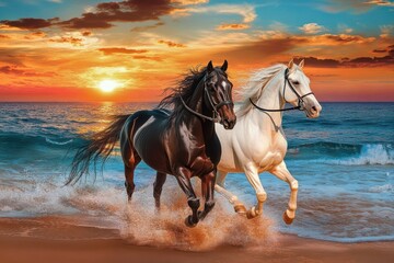 Majestic horses running along the shoreline at sunset with vibrant colors in the sky