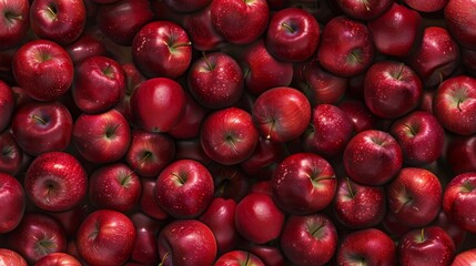 A closeup image of a group of red apples with shiny skin and water droplets. Seamless pattern.