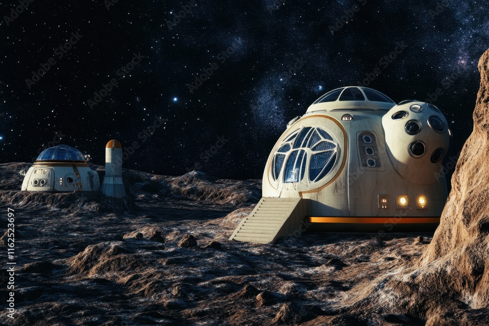 Poster futuristic lunar base on the moon with multiple domes and structures under a starry sky