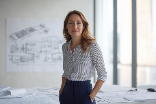 Female architect holding blueprints, wearing professional attire in a modern, creative space. Clean and bold design focus. 4K.
