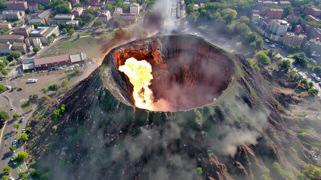 video of a beautiful volcano erupting near a city