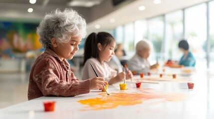 Joyful collaboration, children and seniors engaged in painting, celebrating creativity and fostering cross-generational connections