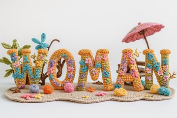 Naklejka premium 3D Crochet and Embroidery Art Woman Sign – Golden Border on White Isolated Template