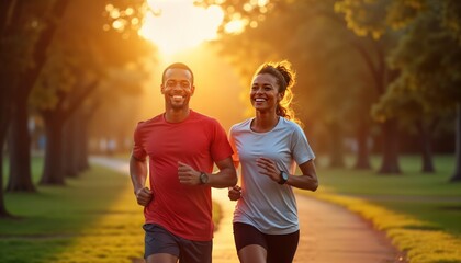 Romantic couple jogs together in park at sunrise. Happy, fit individuals enjoy healthy lifestyle. Morning exercise in nature. Smile, appear motivated. Sunny day in park. Couple runs together happily