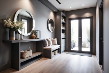 Contemporary Foyer Design With Pumic Grey Storage