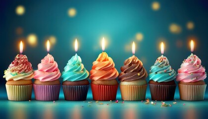 Art of Tasty cupcakes Birthday cupcake in rainbow colors and candles