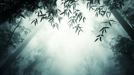 Lush forest canopy adorned with intricate leaf patterns, dramatic contrasts of light and shadow create a mesmerizing natural tapestry