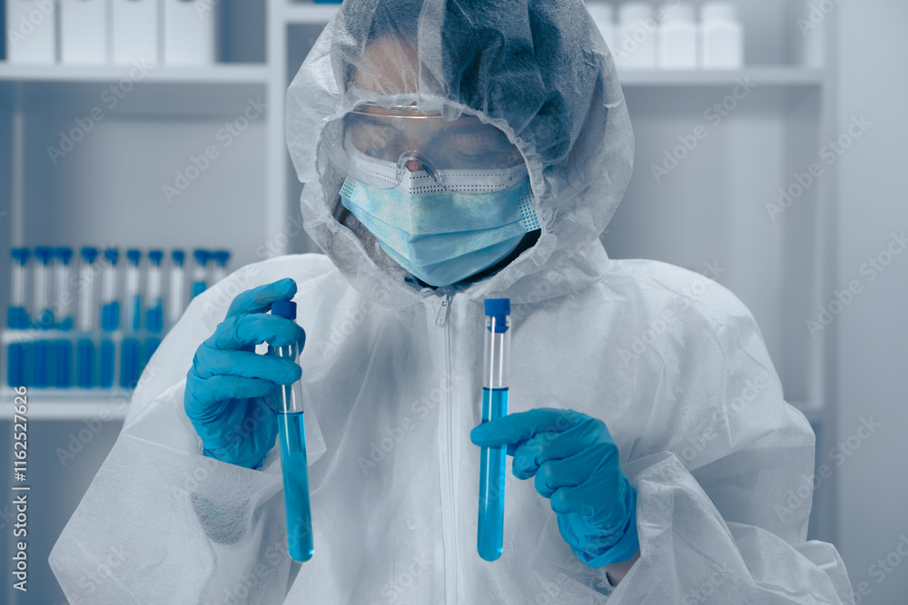 Poster A skilled scientist conducts a precise experiment with test tubes in a modern lab, embodying years of research and significant discoveries in the evolving field of science and technology