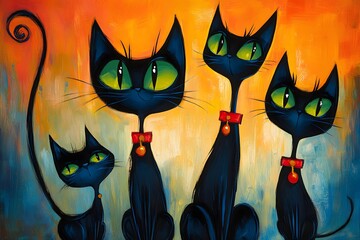 A family of black cat with green eyes, depicted in the whimsical and colorful style art painting. The background is an orange gradient that adds depth to their playful expressions