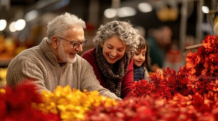Festive Family Bonding, Grandparents and grandchildren joyfully choosing holiday decorations, vibrant colors, laughter, cherished moments together