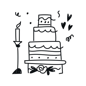 Hand-drawn chalk icon: retro and vintage wedding elements &ndash; a festive giant cake and an elegant candle. Doodle-style vector illustration with playful, handwritten design