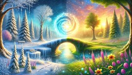A Dreamlike Bridge Connecting Winter's Frosty Elegance to Spring's Vibrant Bloom in a Pastel Fantasy Landscape