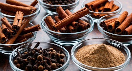 A variety of spices including cinnamon sticks and cloves displayed in glass bowls