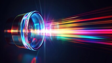 Camera lens with colorful light trails.