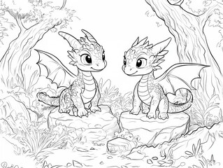 Coloring book of dragon for children and adults,  Kids coloring books with cute dragon cartoon character, fun and educational materials for kindergarten.