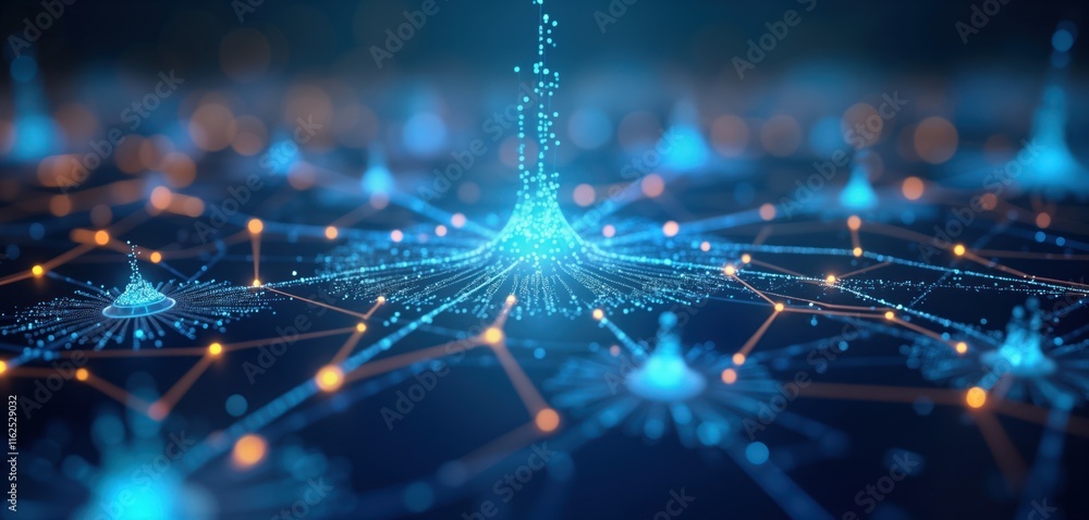 Poster Futuristic tech network. Glowing blue lines connect high-tech nodes. Abstract illustration shows data transfer, digital communication. Pattern shows complex network structure. Illustration concept of