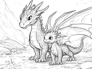 Fototapeta premium Coloring book of dragon for children and adults, Kids coloring books with cute dragon cartoon character, fun and educational materials for kindergarten.