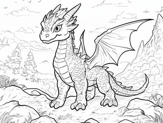 Coloring book of dragon for children and adults,  Kids coloring books with cute dragon cartoon character, fun and educational materials for kindergarten.