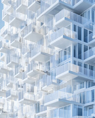 Obraz premium Modern white apartment building exterior showcasing numerous balconies and windows. Architectural detail and design.