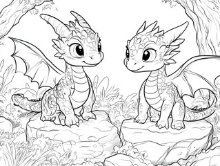 Coloring book of dragon for children and adults,  Kids coloring books with cute dragon cartoon character, fun and educational materials for kindergarten.