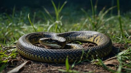 Close-up of a Venomous Snake in Nature – Green Viper with Scales and Tongue in Wild Habitat