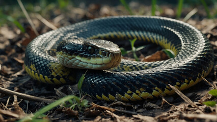 Close-up of a Venomous Snake in Nature – Green Viper with Scales and Tongue in Wild Habitat