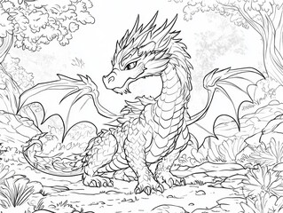 Coloring book of dragon for children and adults,  Kids coloring books with cute dragon cartoon character, fun and educational materials for kindergarten.