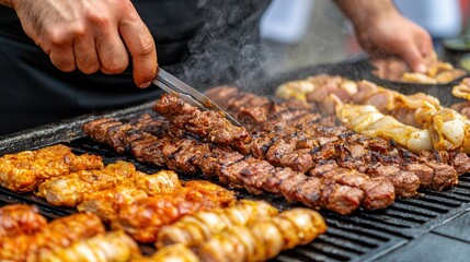 Halal food combines tradition with restaurant dining. Grilling skewered meats over a hot barbecue grill.