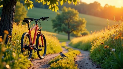 Naklejka premium Countryside Bike Trail Entrance - Orange Bicycle