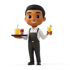 A 3D isolated cartoon character waiter holding a tray of drinks and cocktails, avatar kids profession