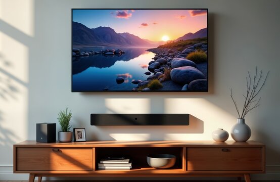 Modern smart tv connected with sound bar. Home entertainment system. Tech, visual, audio entertainment. Stylish interior design. Living room setup. High-quality image, beautiful landscape view