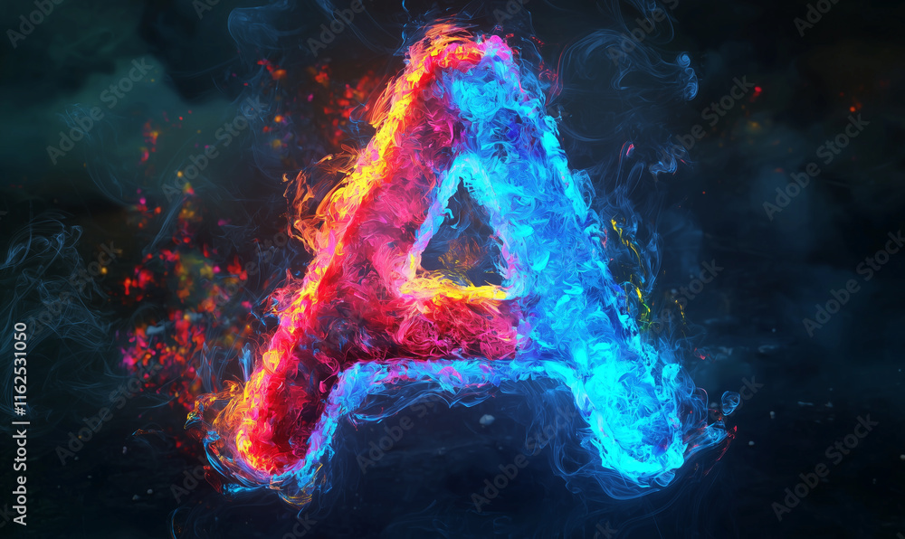 Poster vibrant letter a made of colorful flames and sparks, blending red and blue against a dark background
