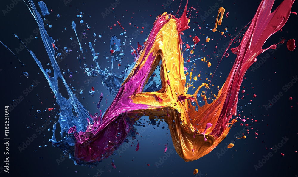 Poster colorful splashes of paint create an abstract representation of the letter 