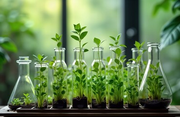 Small green plants grow in many glass test tubes, bottles. Natural light illuminates plants. Lab tech botanist might studying plant growth. Healthy green shoots sprout from soil in containers. Modern