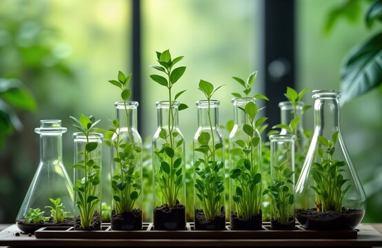 Small green plants grow in many glass test tubes, bottles. Natural light illuminates plants. Lab tech botanist might studying plant growth. Healthy green shoots sprout from soil in containers. Modern