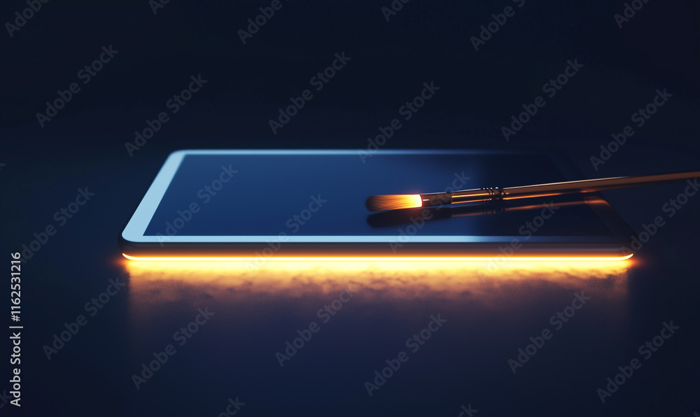 Aufkleber a glowing tablet with a brush resting on its surface, set against a dark background, creating a mode