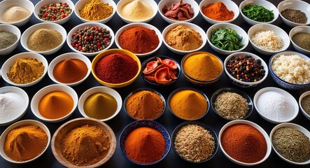 An assortment of spices in bowls showcasing the global flavors of cuisine