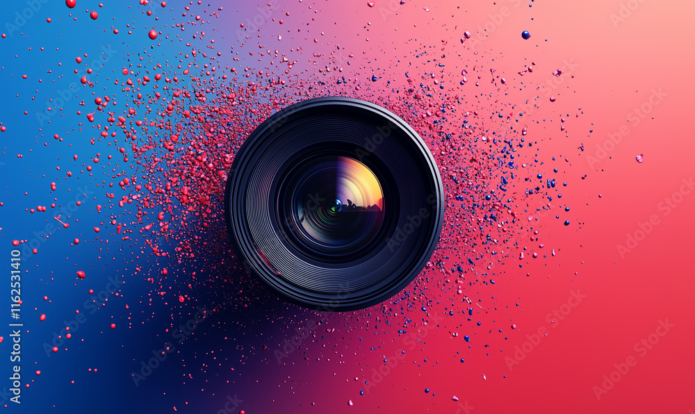Poster a vibrant abstract image featuring a camera lens surrounded by colorful splashes, evoking creativity