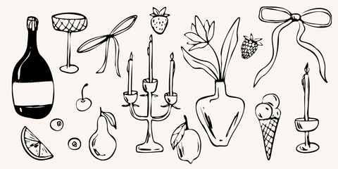 hand drawn vector illustration. wine bottles, fruits, candles, and decorative elements in a minimalist sketch style. The monochrome outline for branding, packaging, invitations, cards, digital media